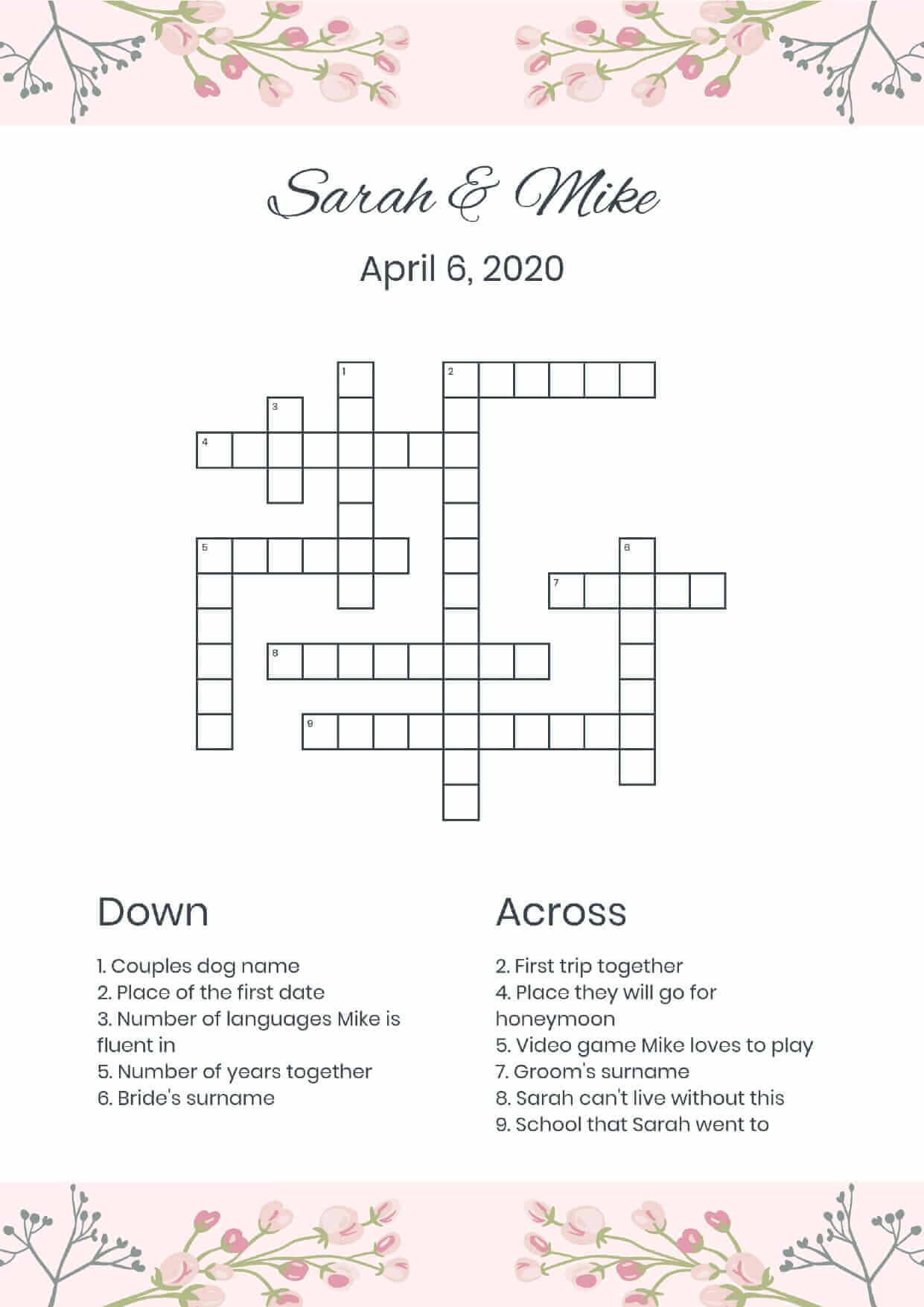 Custom top bottom flowers wedding crossword