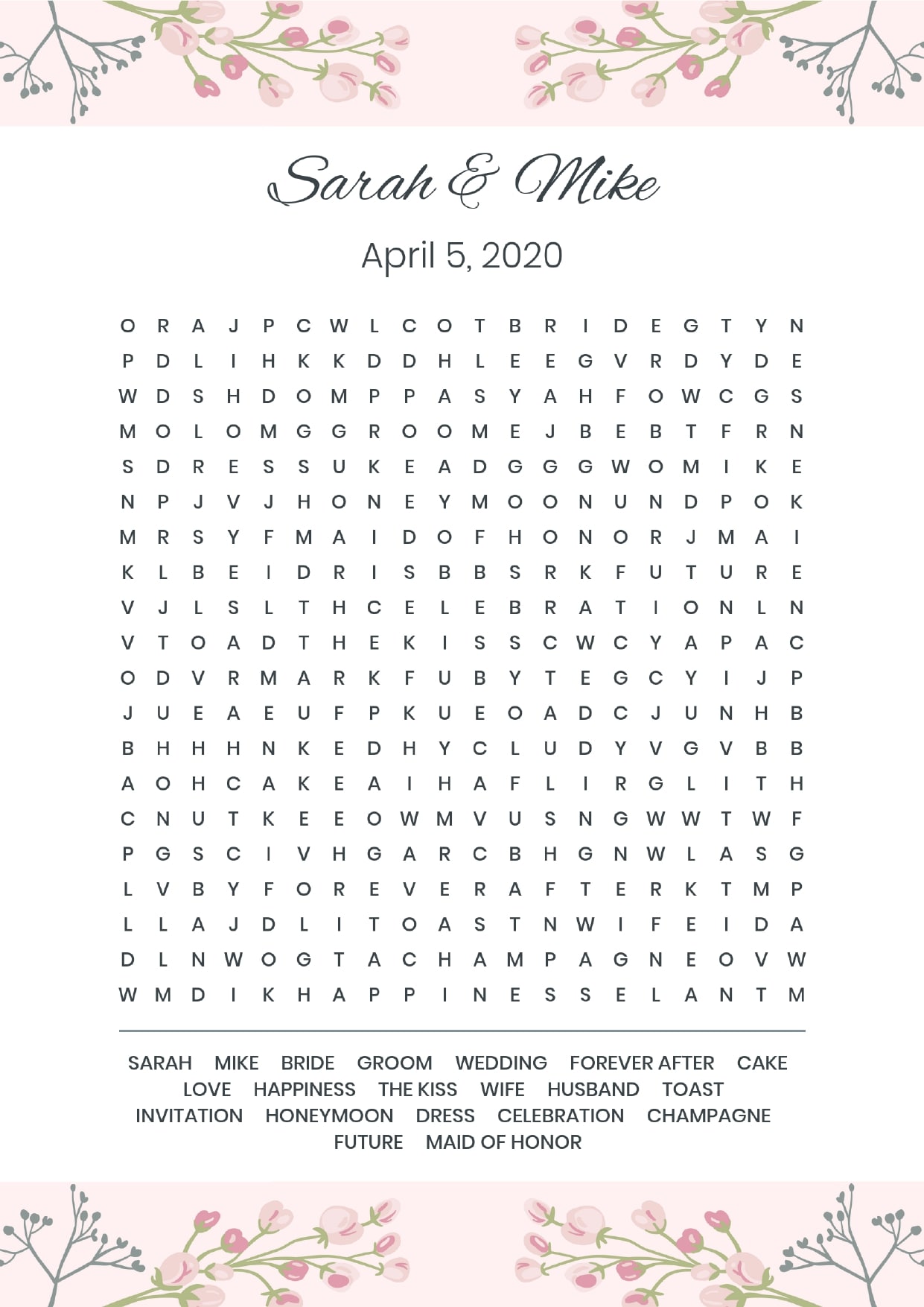 Custom top bottom flowers wedding wordsearch
