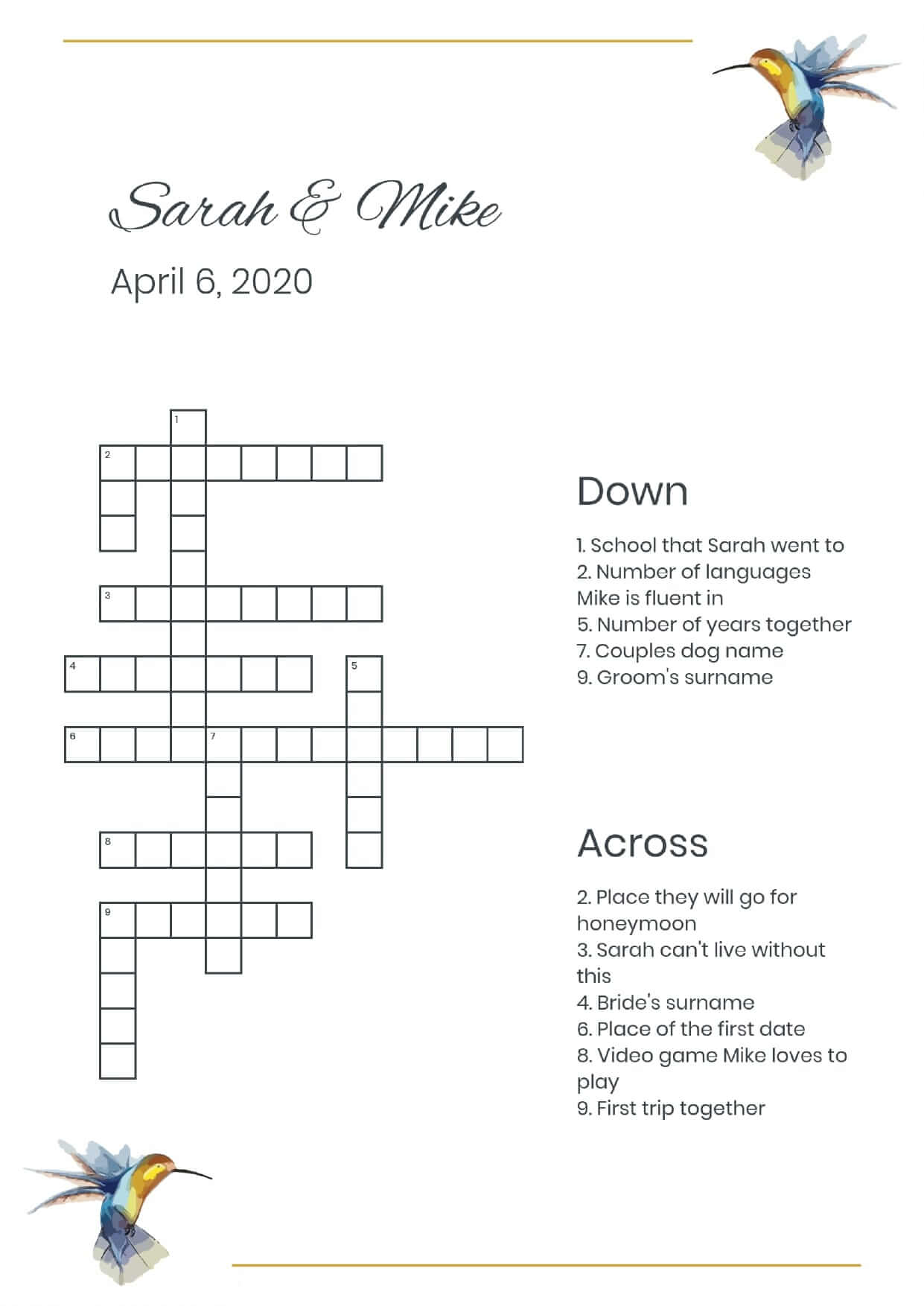 Custom colibris wedding crossword