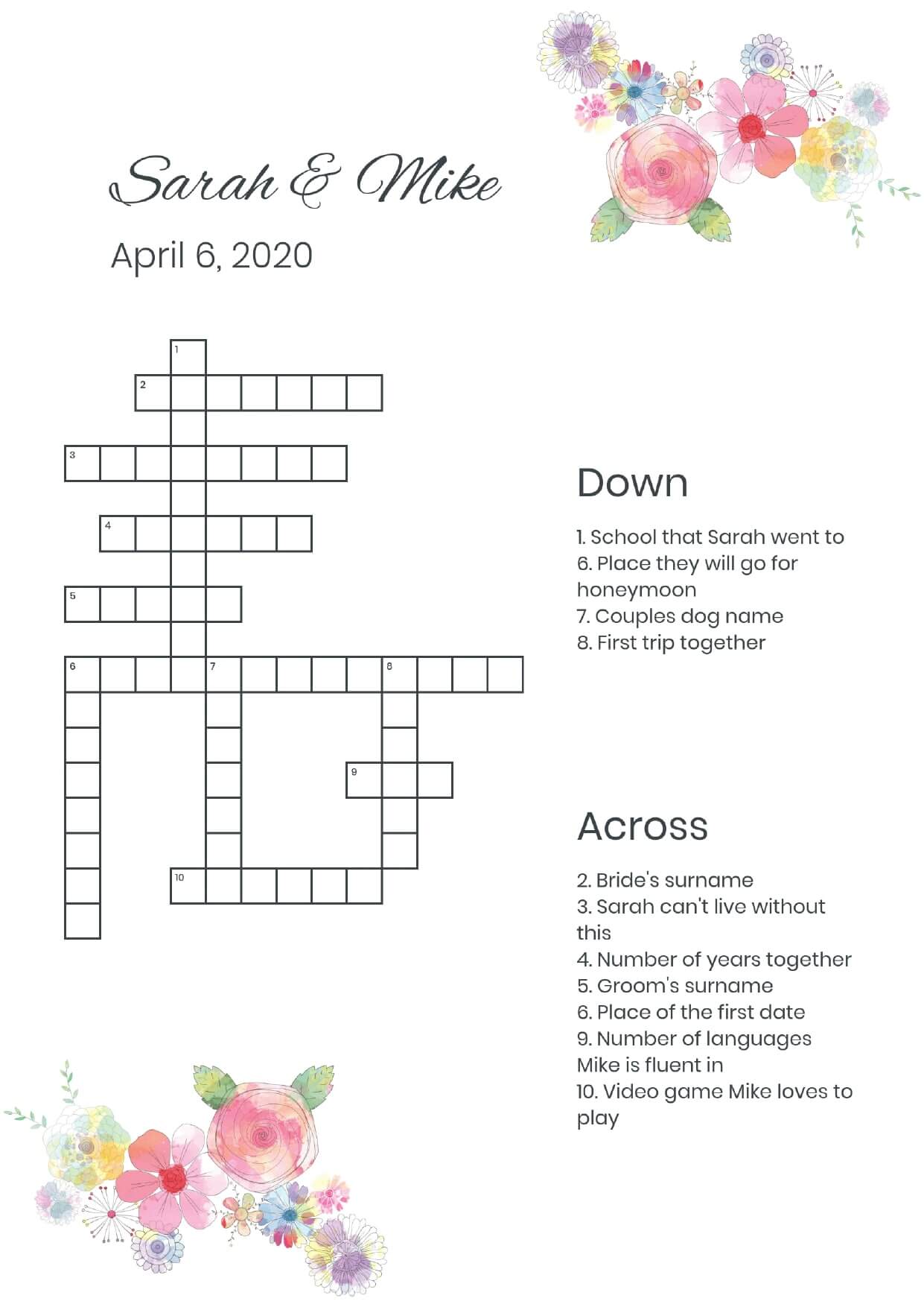 Custom colorful flowers wedding crossword