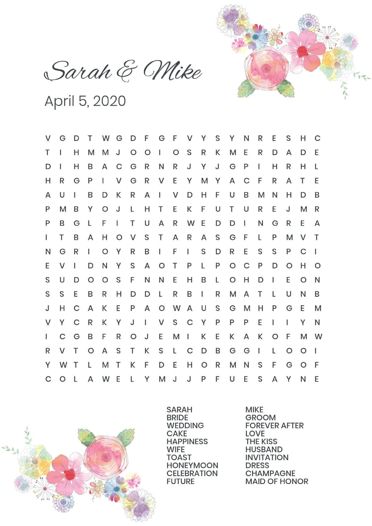 Custom colorful flowers wedding wordsearch
