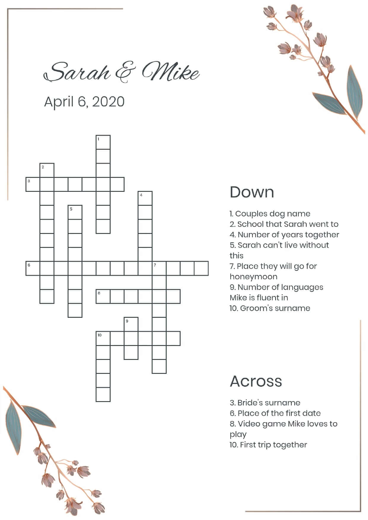 Custom corner flowers long wedding crossword