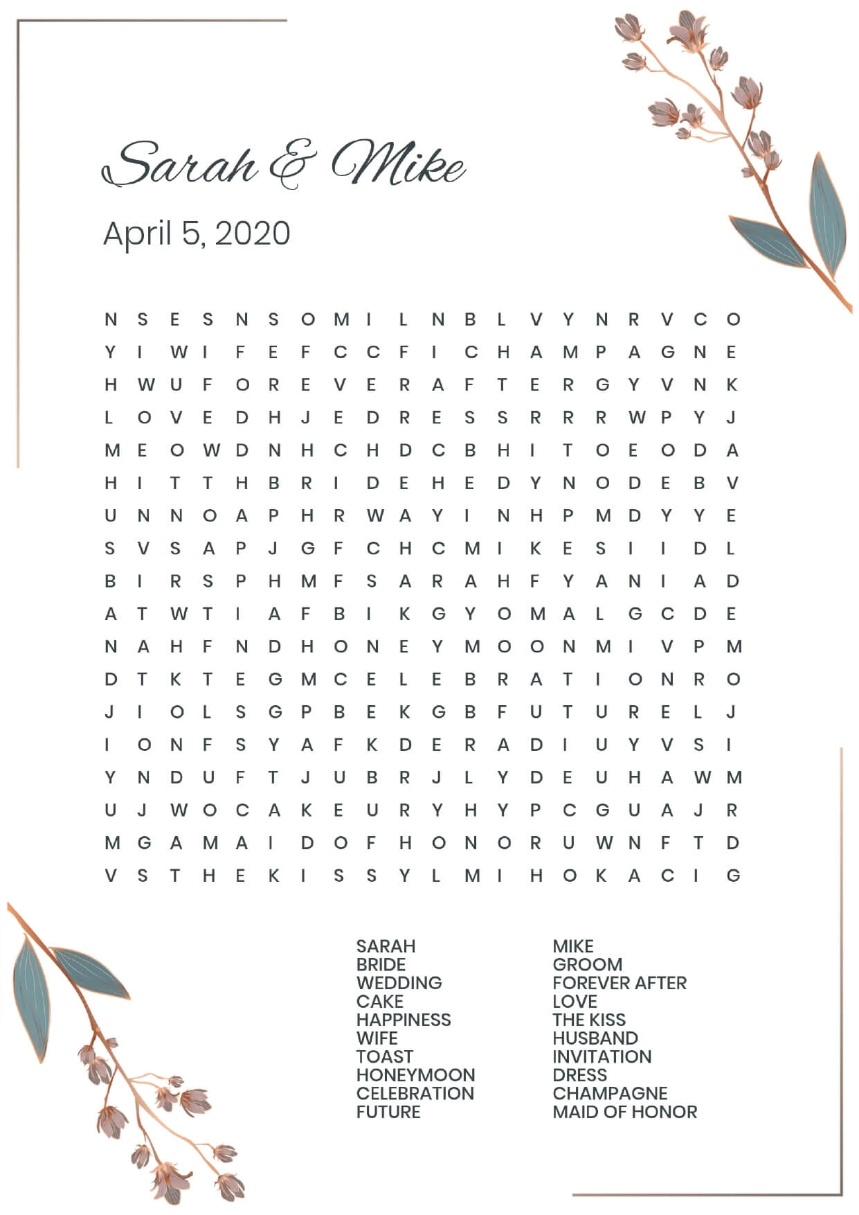 Custom corner flowers long wedding wordsearch