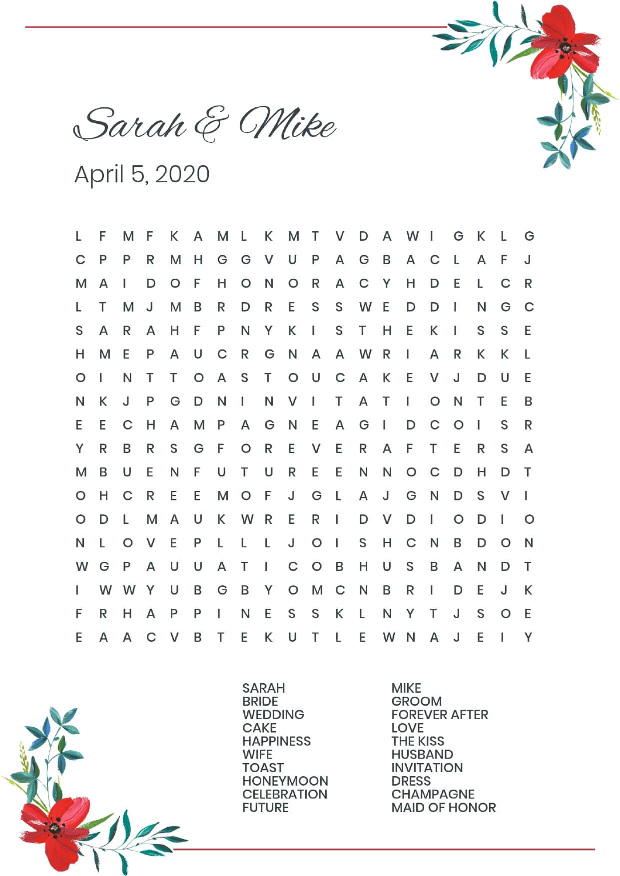 Custom corner flowers red wedding wordsearch