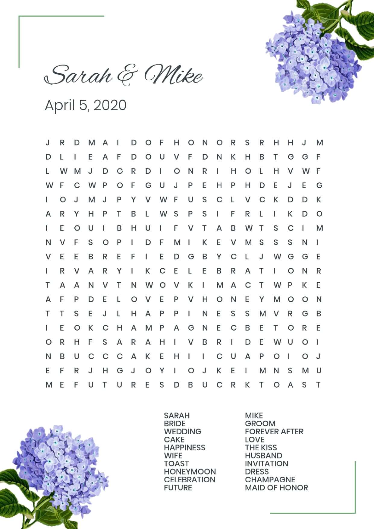 Custom corner flowers violet wedding wordsearch