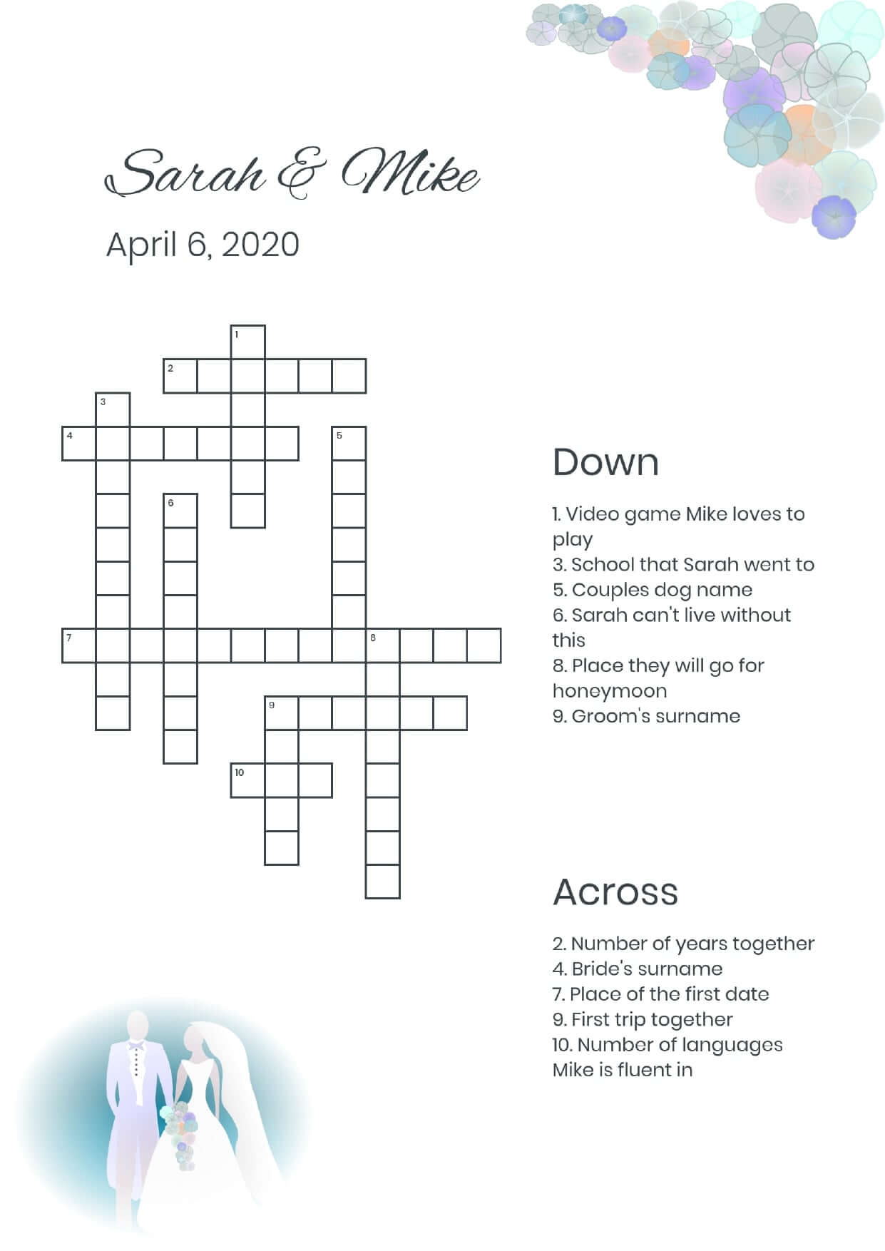 Custom couple n flowers wedding crossword
