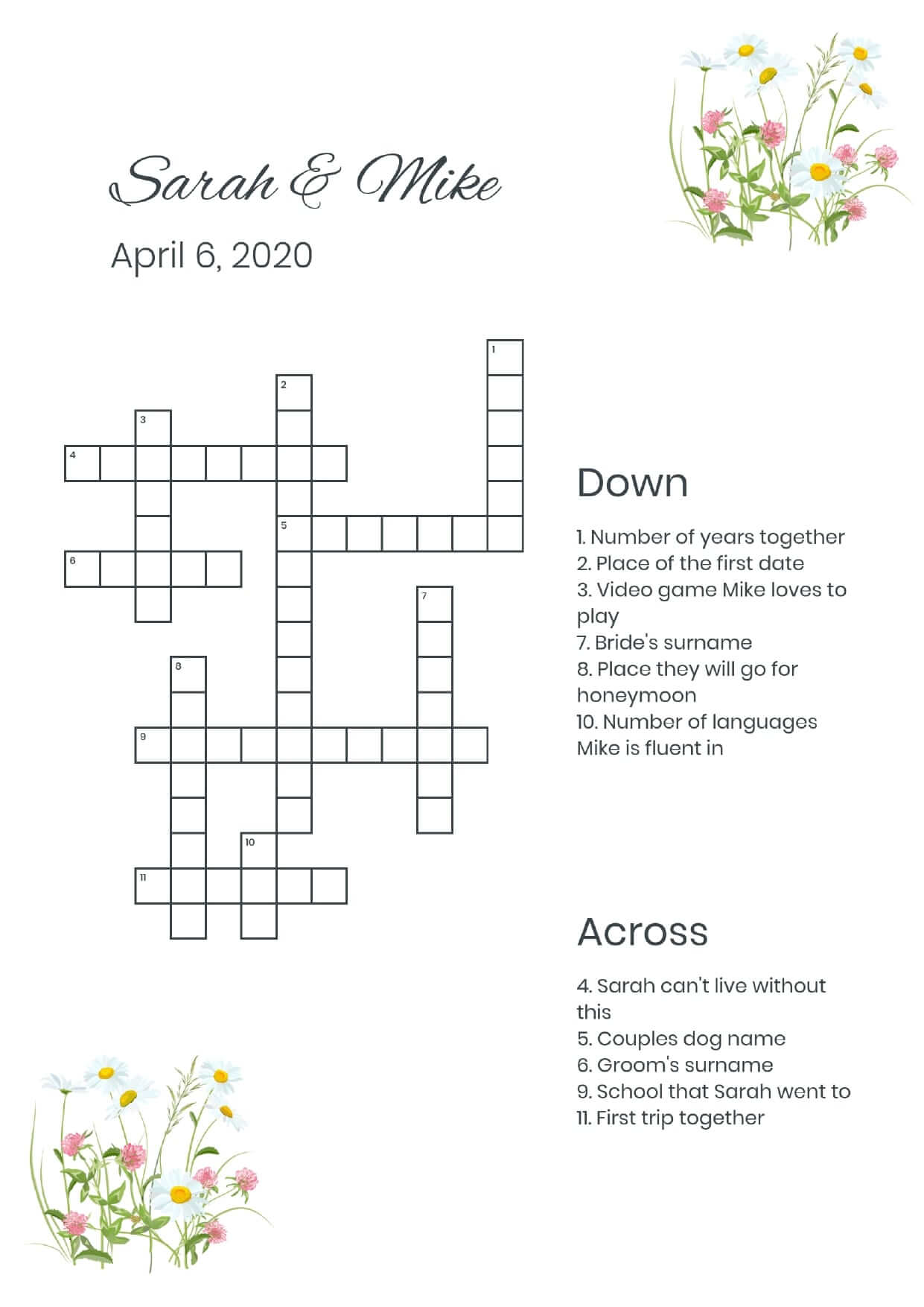 Custom field flowers wedding crossword