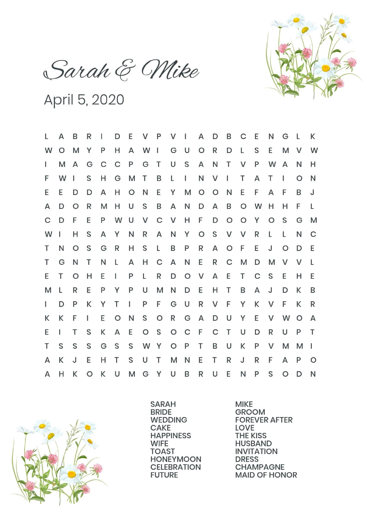 Custom field flowers wedding wordsearch
