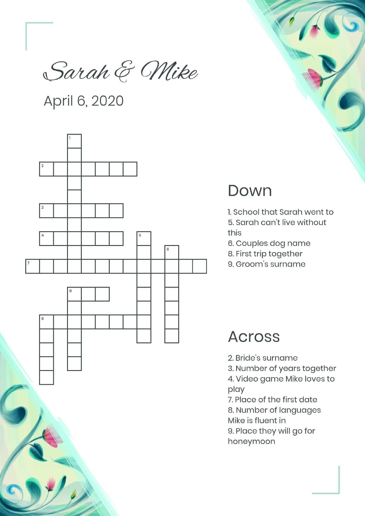 Custom flower illustration wedding crossword