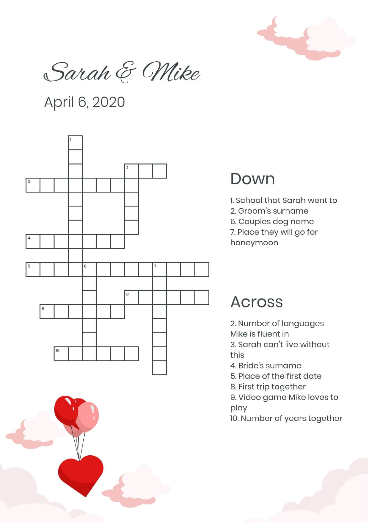 Custom heart balloon wedding crossword