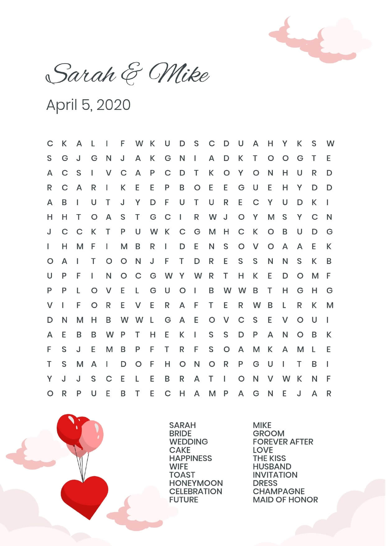 Custom heart balloon wedding wordsearch