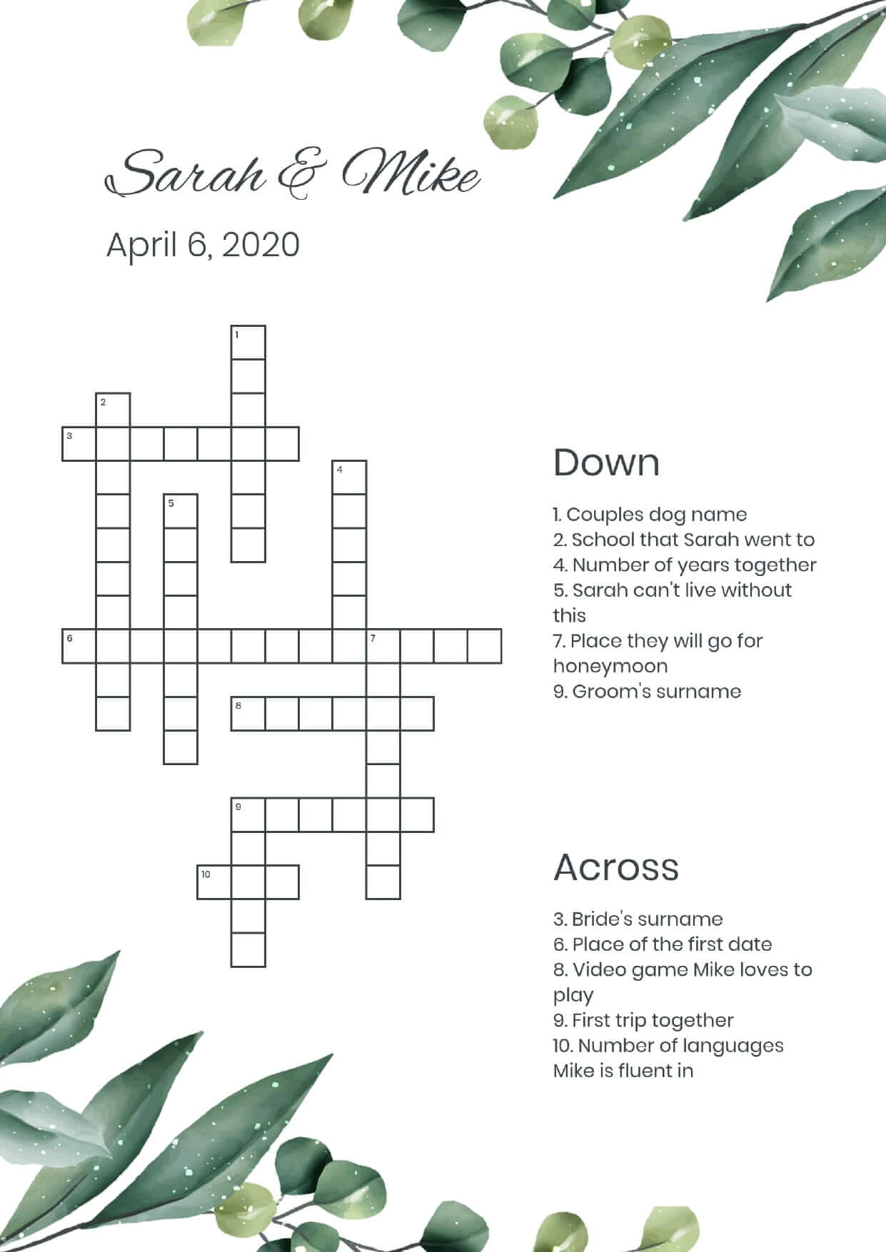 Custom olives wedding crossword