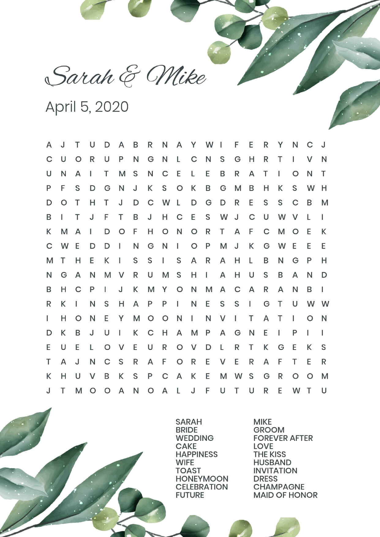 Custom olives wedding wordsearch
