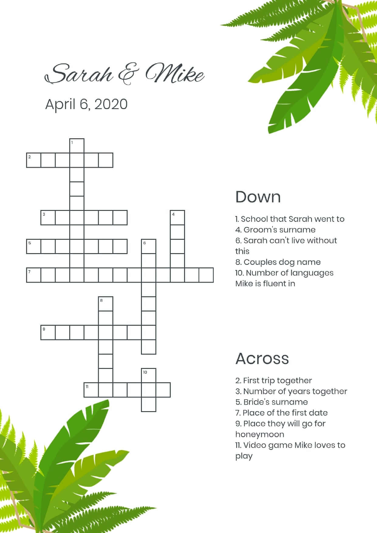 Custom palma wedding crossword