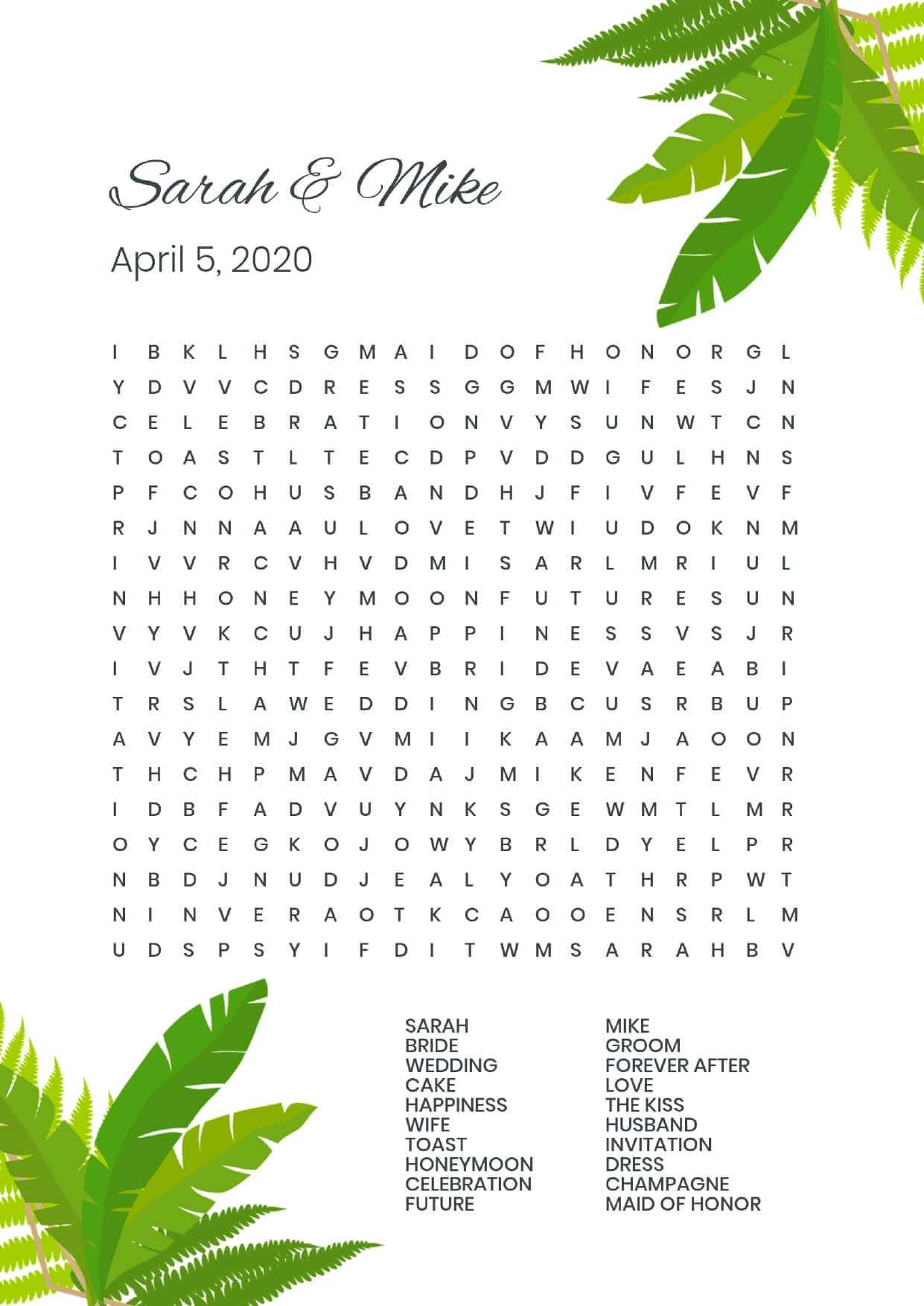 Custom palma wedding wordsearch