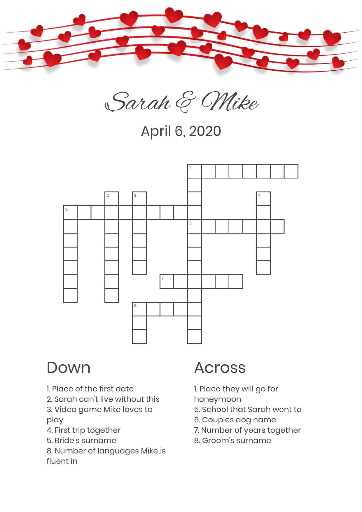 Custom hearts wedding crossword