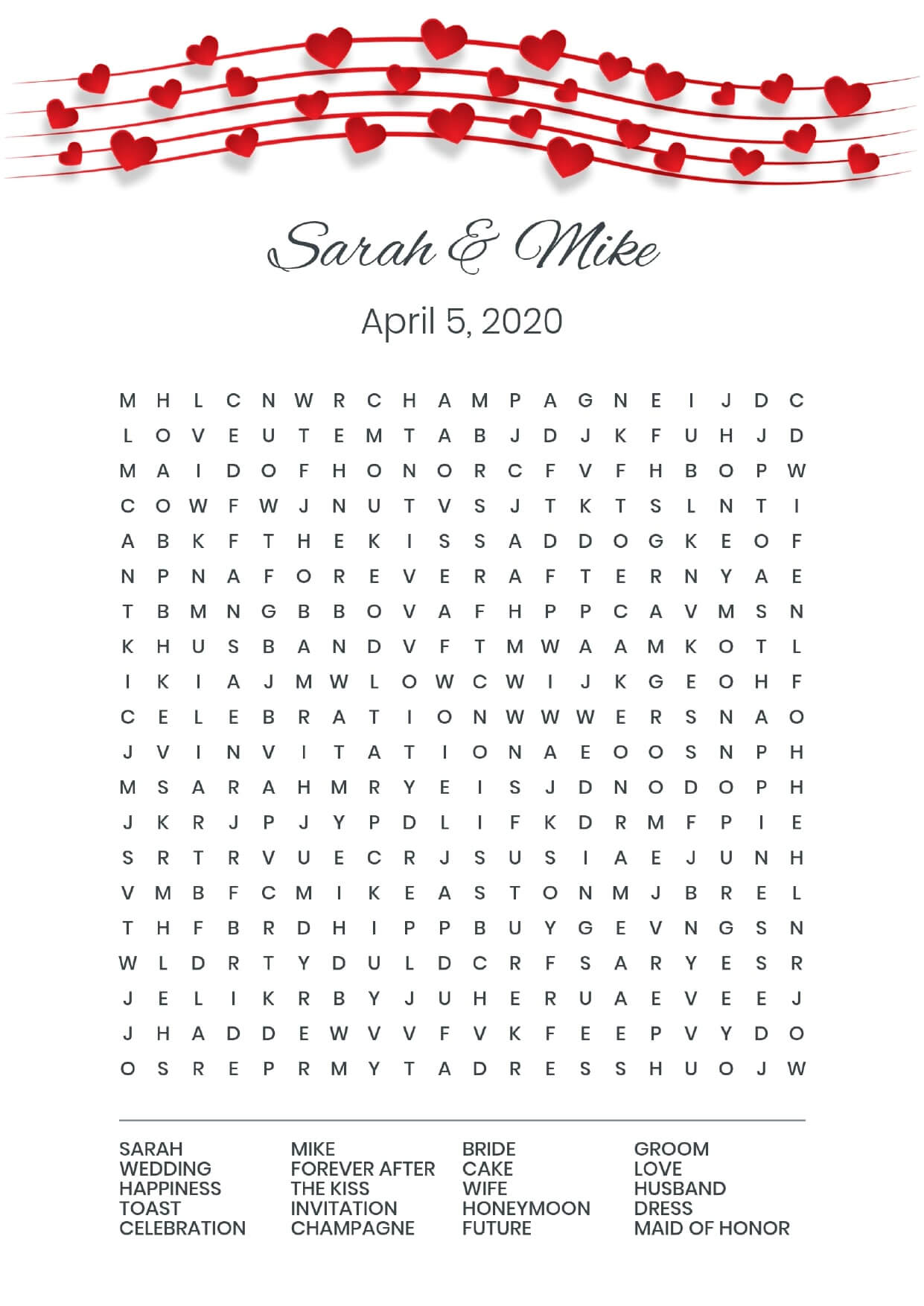 Custom hearts wedding wordsearch
