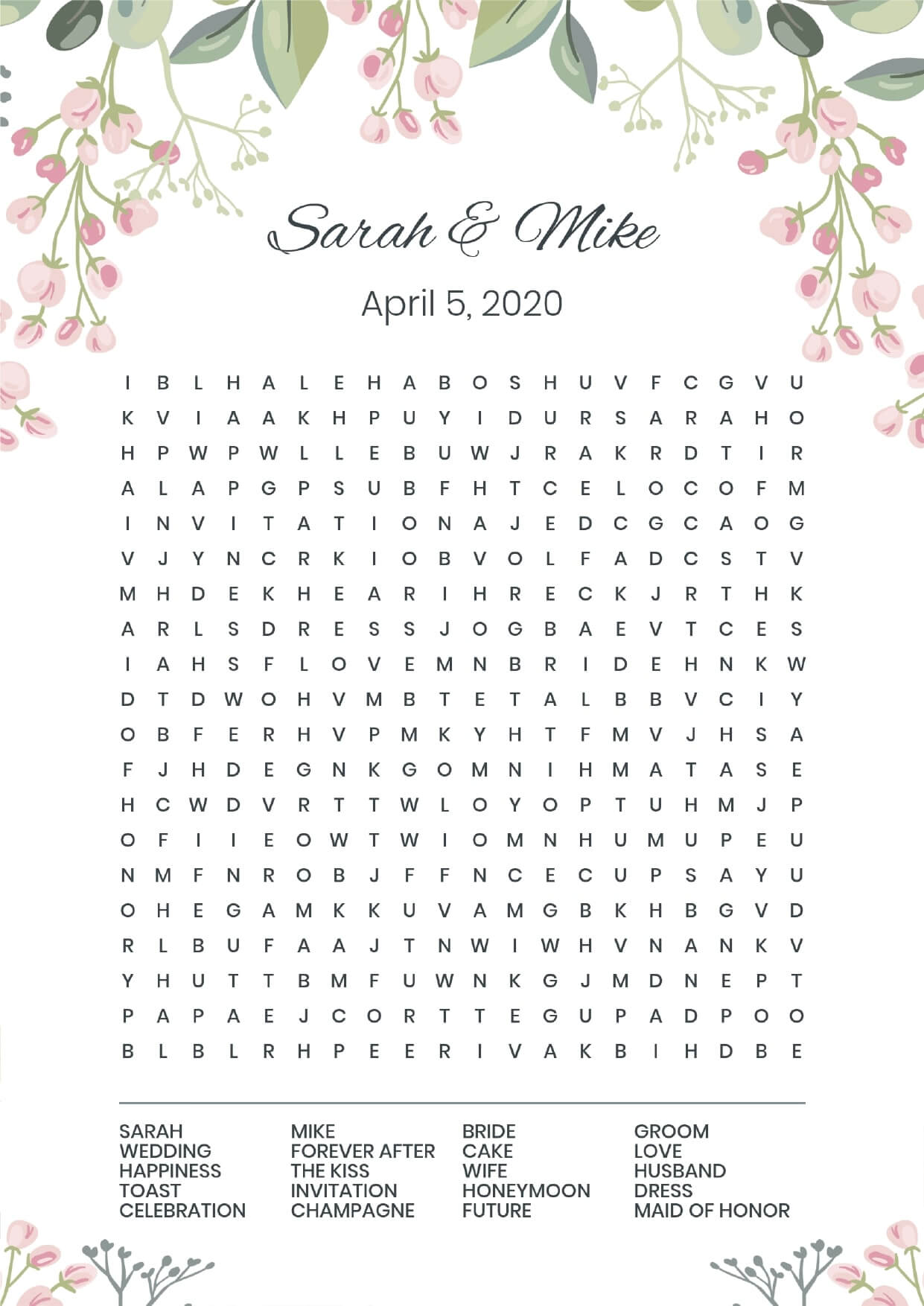 Custom leaves 2 wedding wordsearch