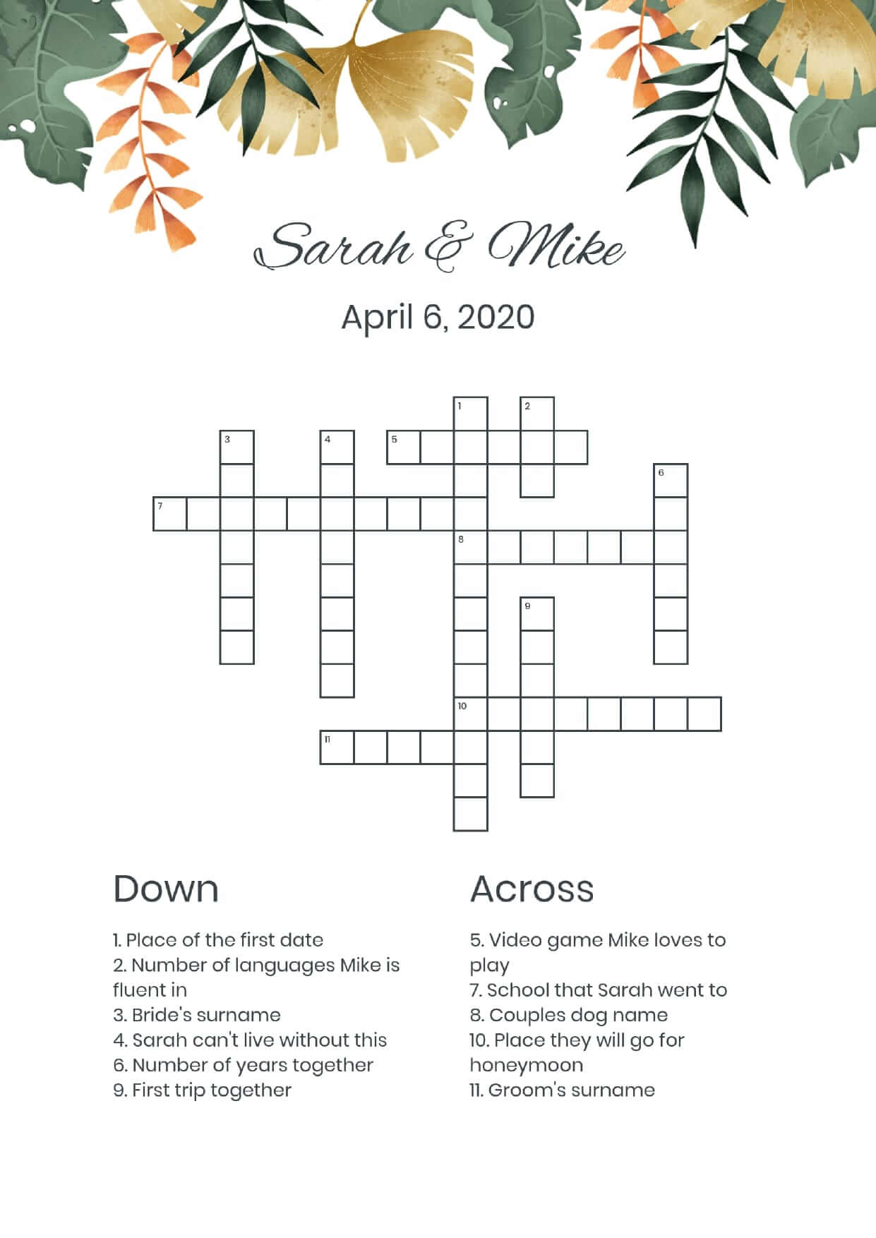 Custom leaves wedding crossword