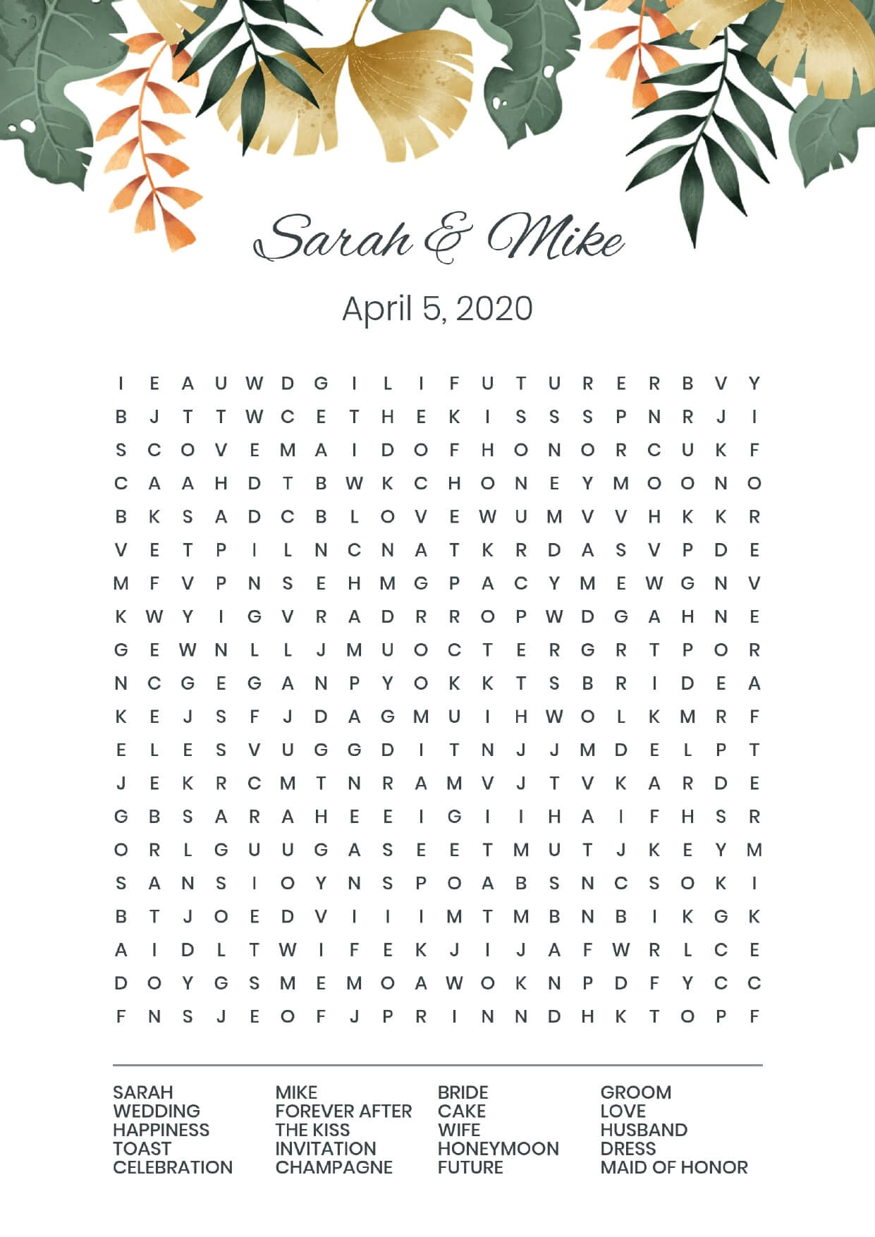 Custom leaves wedding wordsearch