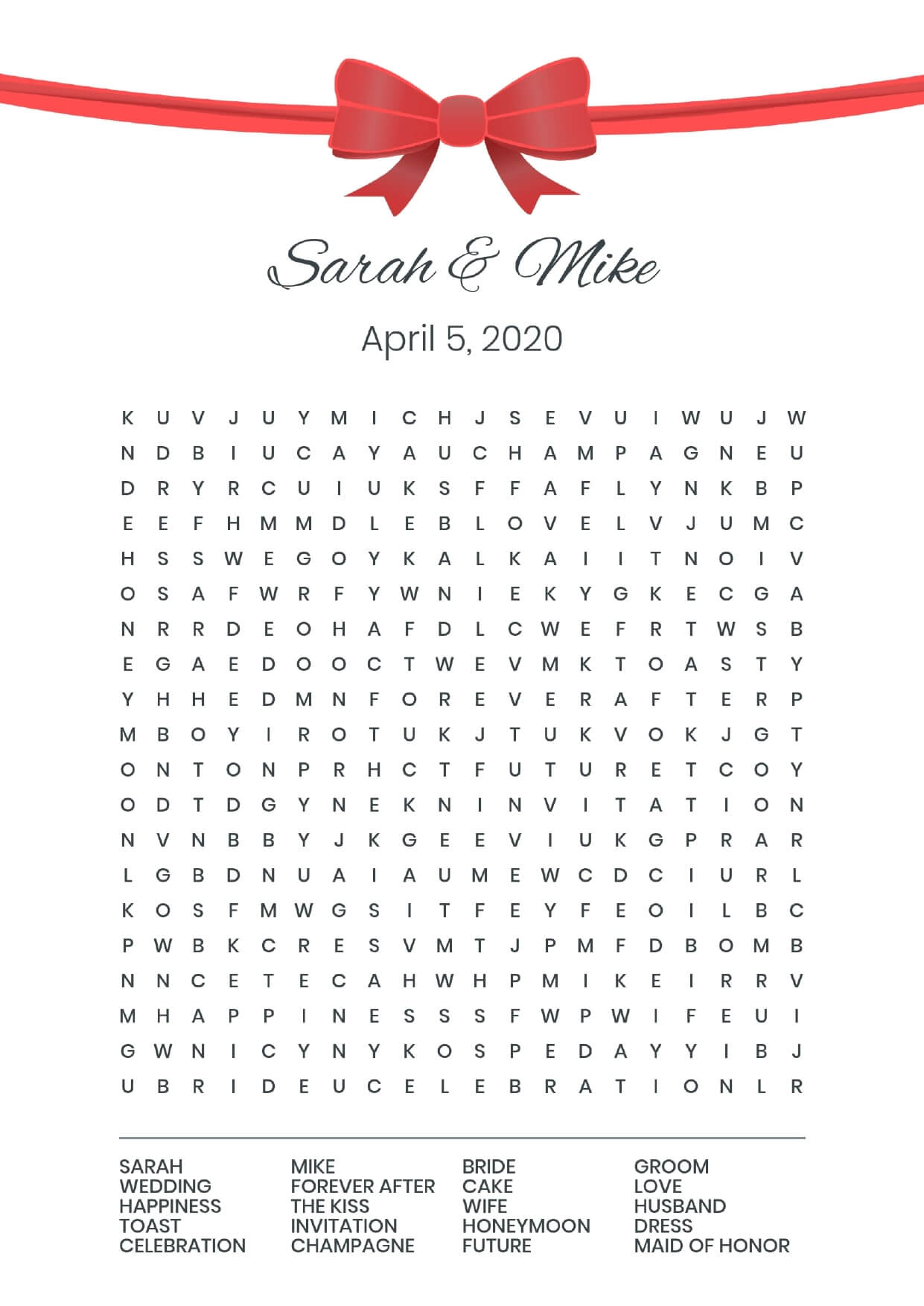 Custom loop wedding wordsearch