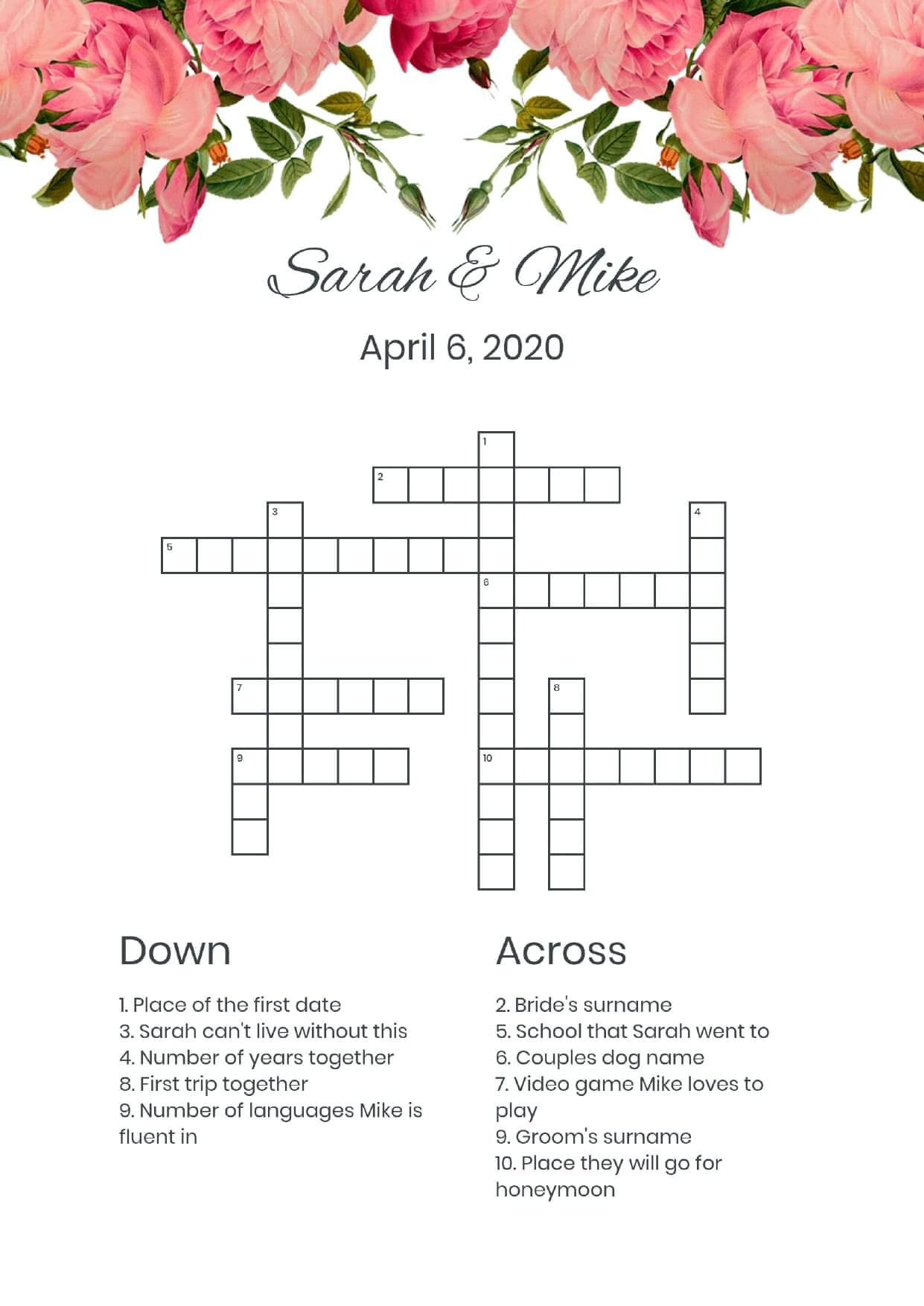 Custom roses wedding crossword