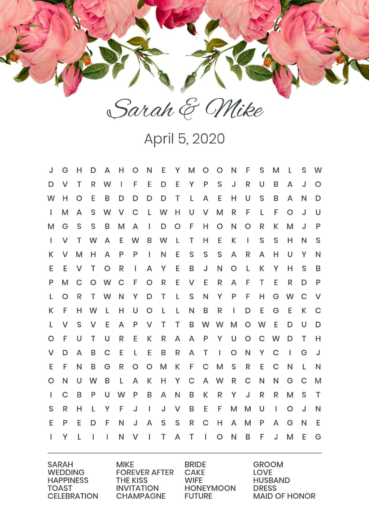 Custom roses wedding wordsearch