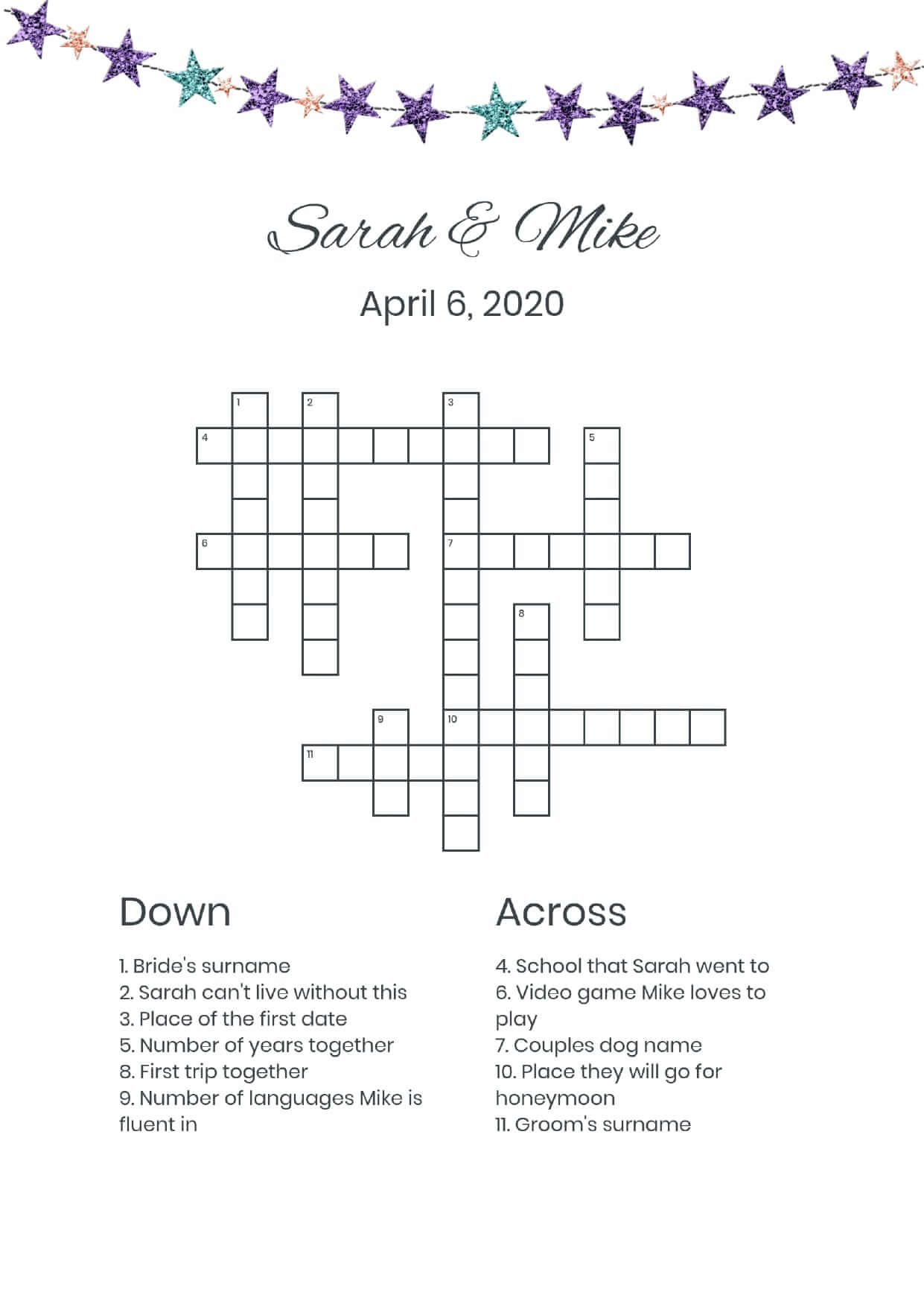 Custom stars wedding crossword