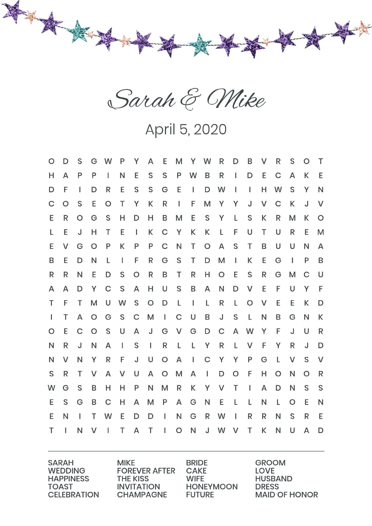 Custom stars wedding wordsearch